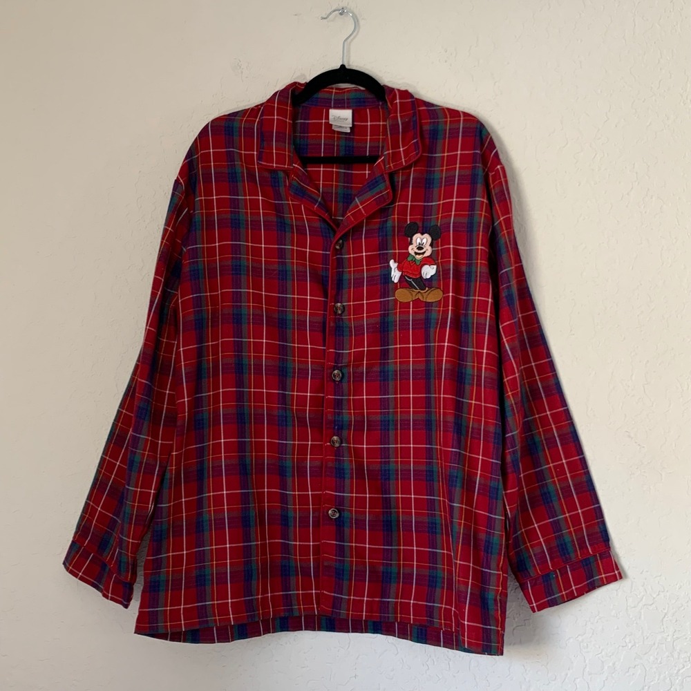 Disney Store Mickey Mouse Pajama Top Men M Red Plaid Button Holiday Festive Cozy